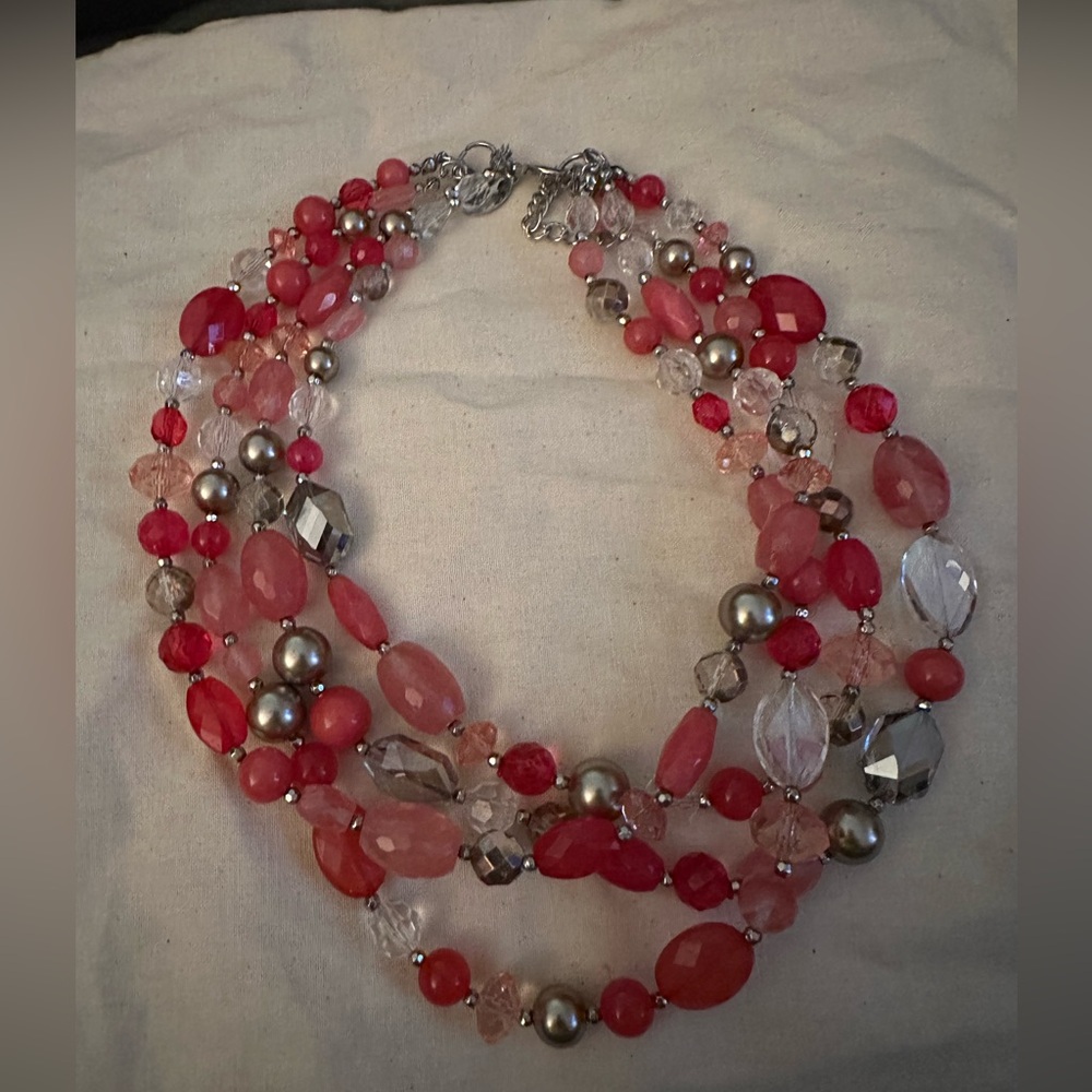 Coral And Silver Multi Layer Statement Necklace - image 2